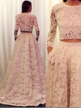2 Pieces Long Sleeves Lace Wedding Dress with Pocket Vintage Bridal Gown,apd2107-SheerGirl