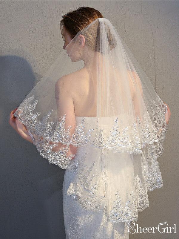 2 Tier Lace Wedding Veils Hip Length Bridal Veil ACC1002-SheerGirl