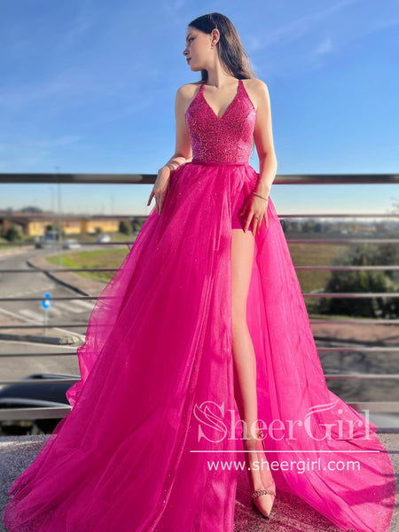 Pink Slit Prom Dress In Hot Pink Sparkly Ball Gown V Neck Long
