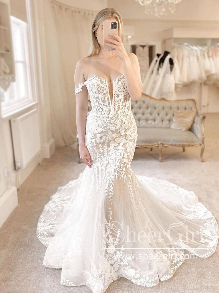 2 in 1 Off the Shoulder Lace Wedding Dress Mermaid Wedding Gown with detachable Train AWD1897-SheerGirl