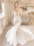 2 in 1 Off the Shoulder Lace Wedding Dress Mermaid Wedding Gown with detachable Train AWD1897-SheerGirl