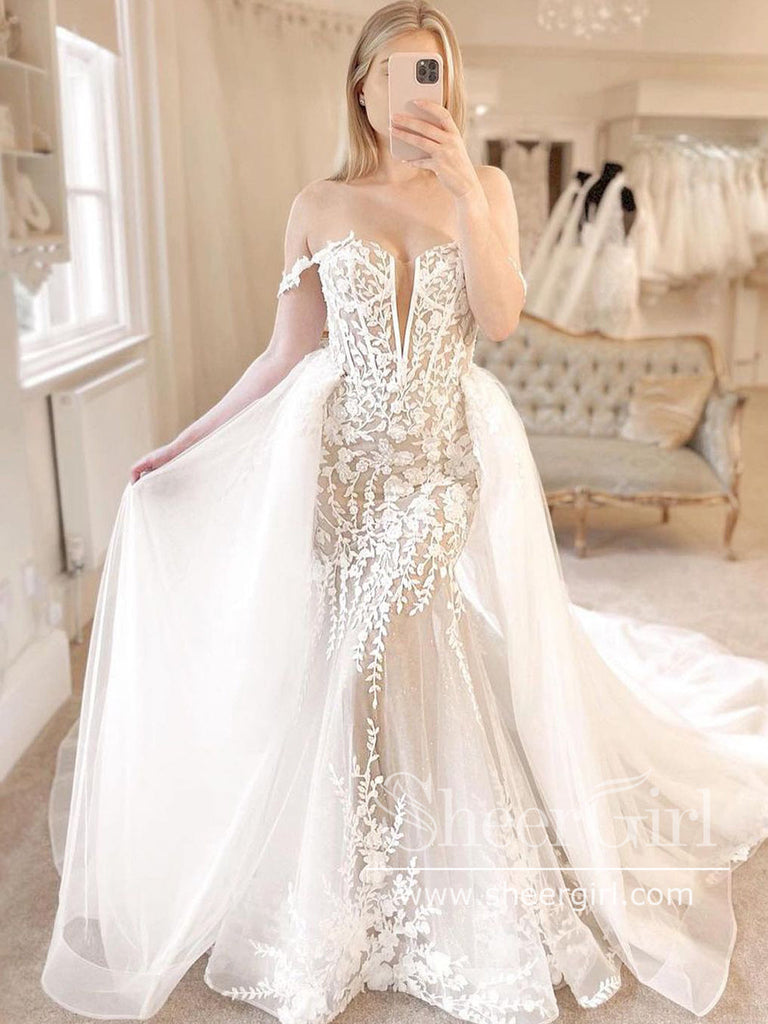 2 in 1 Off the Shoulder Lace Wedding Dress Mermaid Wedding Gown with detachable Train AWD1897