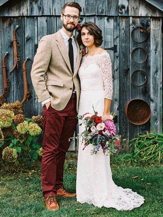 3/4 Sleeve Off the Shoulder Sheath Lace Wedding Dresses with See Through Top AWD1270-SheerGirl