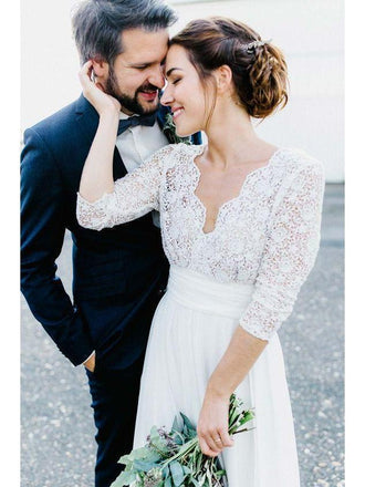 3/4 Sleeve See Through Backless Lace & Chiffon Rustic Wedding Dresses AWD1261-SheerGirl