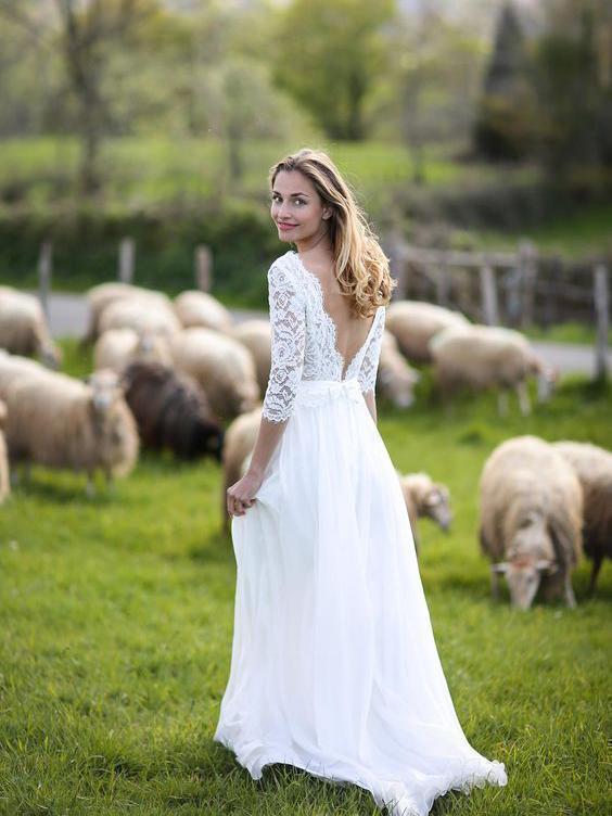 3/4 Sleeves Lace Top Long Chiffon Beach Wedding Dresses Ivory Country Bridal Dress AWD1264-SheerGirl