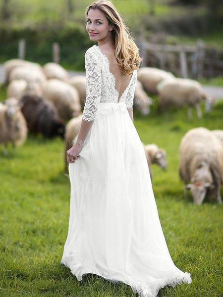 3/4 Sleeves Lace Top Long Chiffon Beach Wedding Dresses Ivory Country Bridal Dress AWD1264