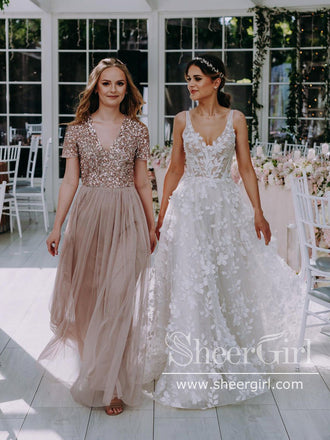 3D Floral Lace Ball Gown Wedding Gown V Neck Floor Length Wedding Dress AWD1917-SheerGirl