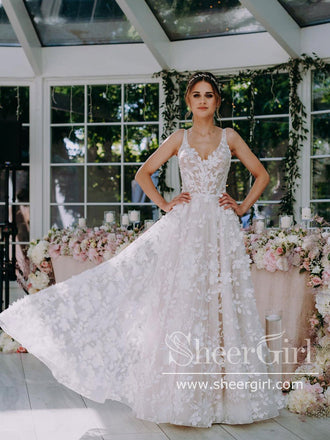 3D Floral Lace Ball Gown Wedding Gown V Neck Floor Length Wedding Dress AWD1917-SheerGirl