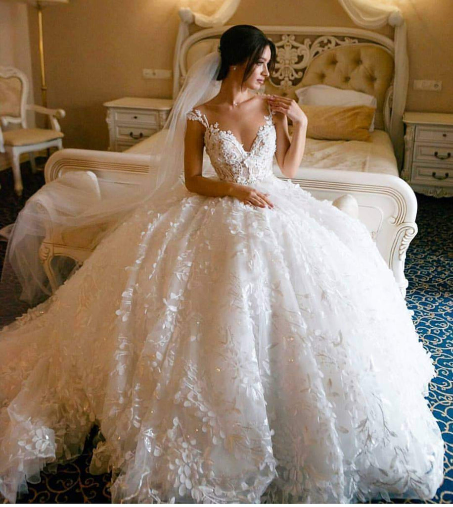 3D Floral Lace Wedding Dresses Vintage Ball Gown Wedding Dress AWD1456-SheerGirl