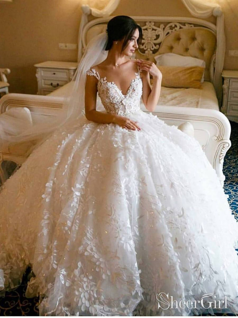3D Floral Lace Wedding Dresses Vintage Ball Gown Wedding Dress AWD1456-SheerGirl
