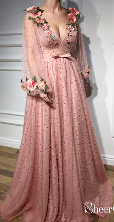 3D Floral Long Sleeve Pink Prom Dresses Pearl Beaded V Neck Formal Dress ARD1947-SheerGirl