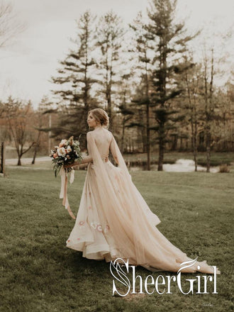 3D Flower Colorful Tulle Wedding Dresses V Neck Fairy Lace Bridal Dresses AWD1649-SheerGirl