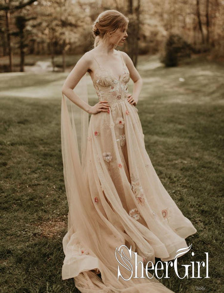 3D Flower Colorful Tulle Wedding Dresses V Neck Fairy Lace