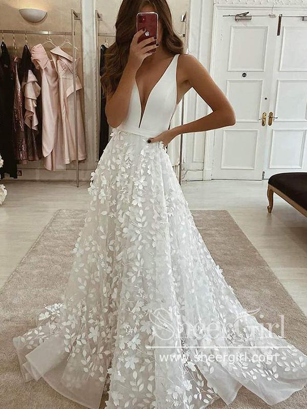 3D Flower Lace Plunge Neckline Wedding Dress with High Slit