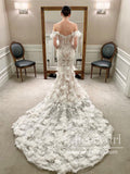 3D Flowers Lace Sheath Off the Shoulder Wedding Dress with Chapal Train AWD1893-SheerGirl