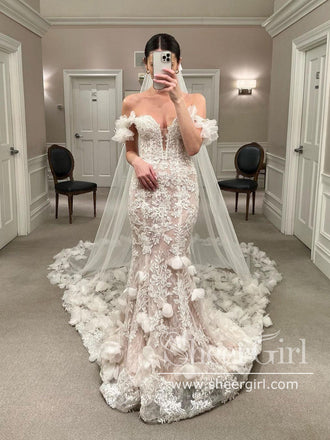 3D Flowers Lace Sheath Off the Shoulder Wedding Dress with Chapal Train AWD1893-SheerGirl