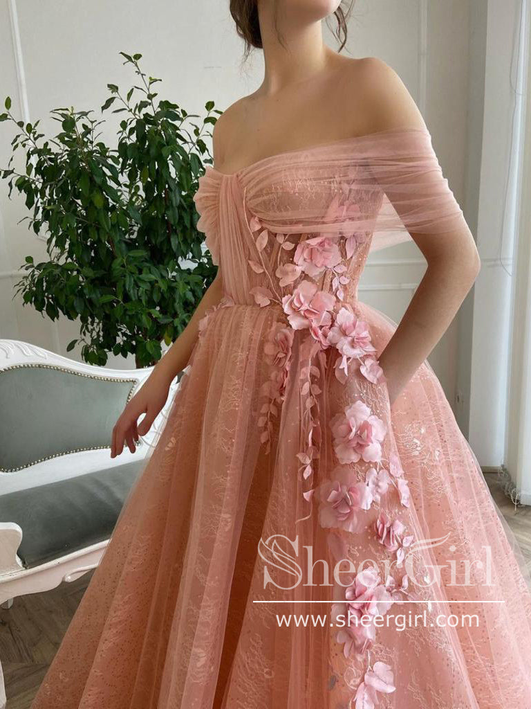 3D Flowers Off The Shoulder Prom Dresses Lace Long Formal Dress ARD2779-SheerGirl