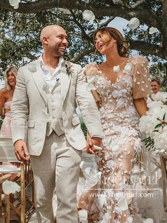 3D Flowers Puff Short Sleeves Stunning Mermaid Wedding Dress with Chapel Train AWD1910-SheerGirl