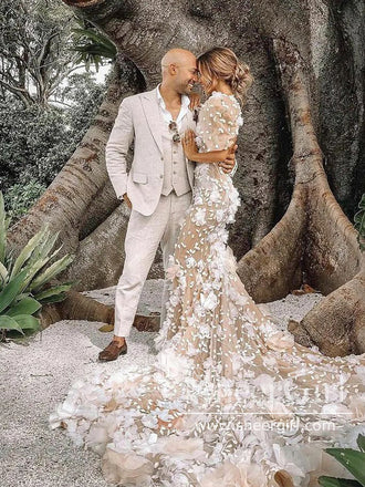 3D Flowers Puff Short Sleeves Stunning Mermaid Wedding Dress with Chapel Train AWD1910-SheerGirl