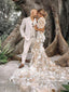Impresionante vestido de novia sirena con mangas cortas y flores en 3D y cola capilla AWD1910 