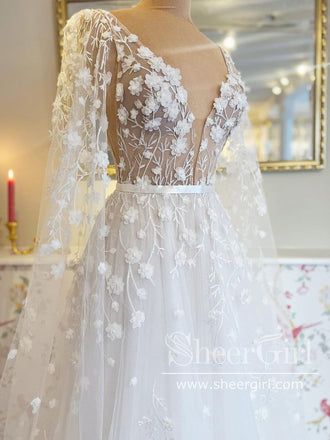 3D Flowers See Through Bodice Bridal Gown V Neck Wedding Dress with Detachable Sleeves AWD1907-SheerGirl