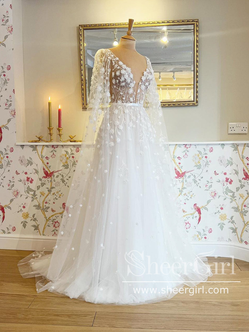 3D Flowers See Through Bodice Bridal Gown V Neck Wedding