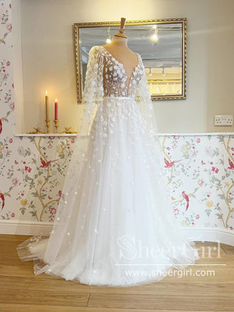 3D Flowers See Through Bodice Bridal Gown V Neck Wedding Dress with Detachable Sleeves AWD1907-SheerGirl