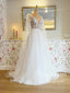 Vestido de novia con corpiño transparente y flores en 3D, vestido de novia con cuello en V y mangas desmontables AWD1907 