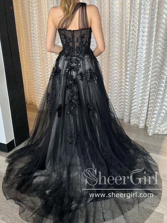 3D Flowers Single Shoulder Prom Dresses Black Lace Long Formal Dress with Hight Slit ARD2920-SheerGirl
