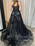 3D Flowers Single Shoulder Prom Dresses Black Lace Long Formal Dress with Hight Slit ARD2920-SheerGirl