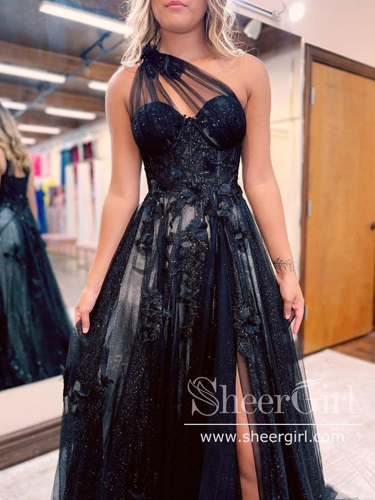 Black Satin Asymmetrical One Sleeve Slit Prom Gown - Promfy