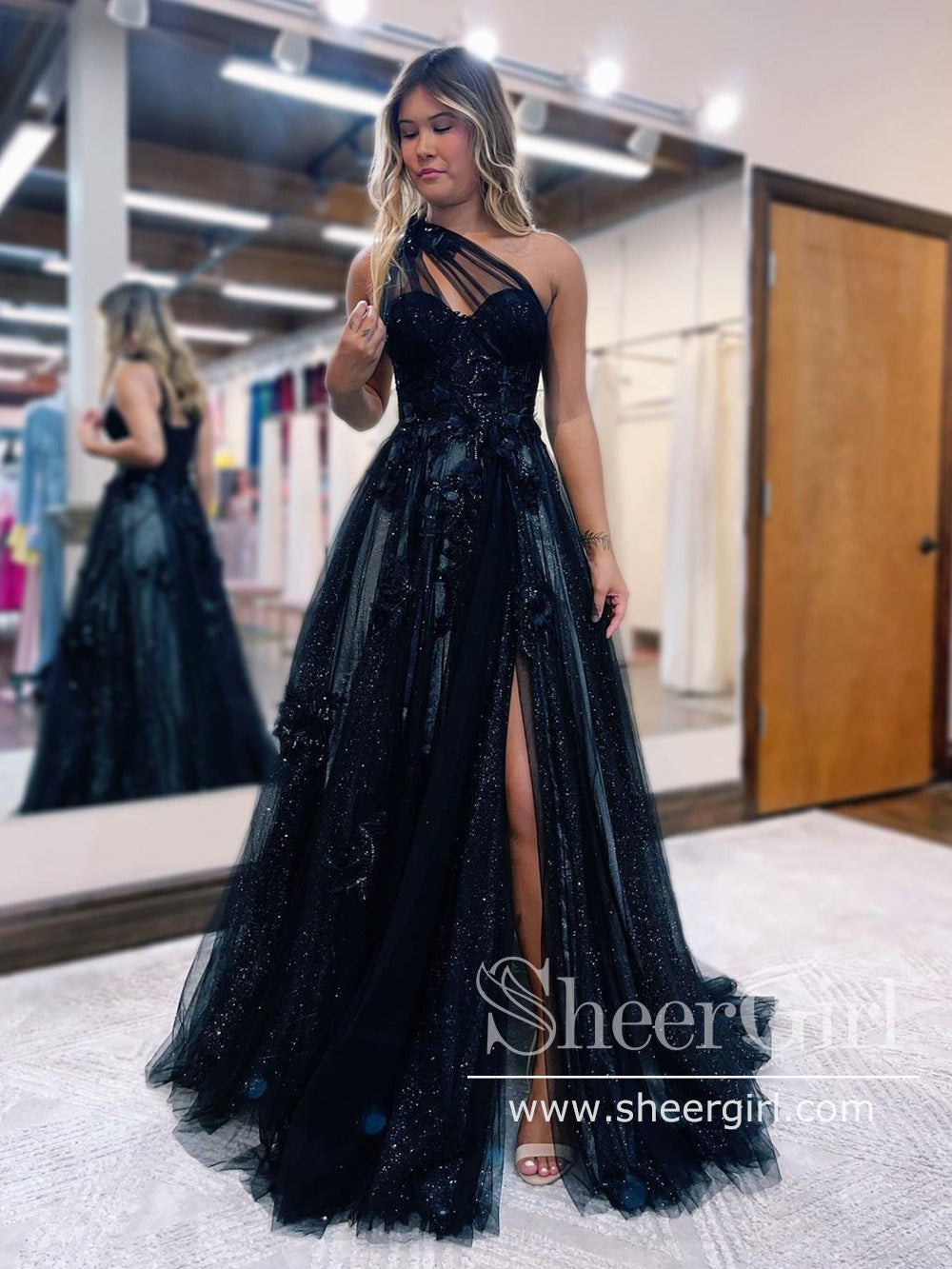 3D Flowers Single Shoulder Prom Dresses Black Lace Long Formal Dress w –  SheerGirl