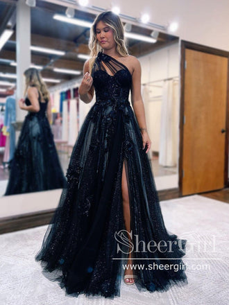 3D Flowers Single Shoulder Prom Dresses Black Lace Long Formal Dress with Hight Slit ARD2920-SheerGirl