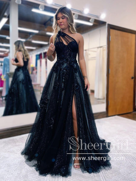 3D Flowers Single Shoulder Prom Dresses Black Lace Long Formal