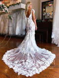 3D Flowers Stunning Lace Mermaid Boho Wedding Dresses with High Slit AWD1902-SheerGirl