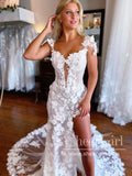 3D Flowers Stunning Lace Mermaid Boho Wedding Dresses with High Slit AWD1902-SheerGirl