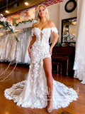 3D Flowers Stunning Lace Mermaid Boho Wedding Dresses with High Slit AWD1902-SheerGirl