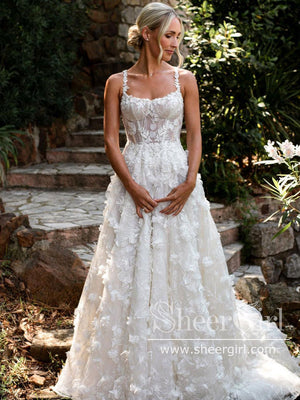 3D Flowers Wedding Gown Floral Lace Boho Wedding Dresses AWD1911-SheerGirl