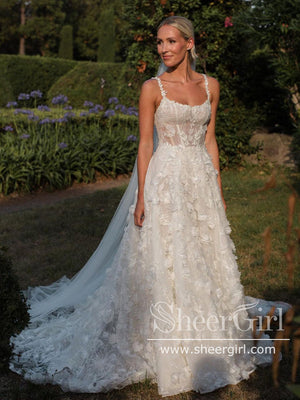 3D Flowers Wedding Gown Floral Lace Boho Wedding Dresses AWD1911-SheerGirl