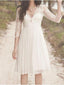 Una línea de manga 3/4, vestidos de novia cortos de encaje, vestido de novia Vintage hasta la rodilla con cuello en V BB0013 