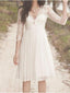 A Line 3/4 Sleeve Short Lace Wedding Dresses Vintage Knee Length V Neck Wedding Dress BB0013
