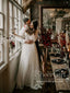 A Line 3/4 Trumpet Long Sleeve Lace Wedding Dresses Chiffon Beach Wedding Dress AWD1799