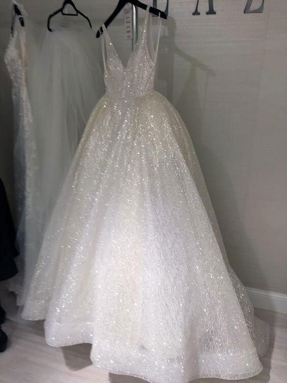A Line Backless Beach Wedding Dress V Neck Sequins Ivory Wedding Gowns –  SheerGirl
