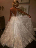 A Line Backless Beach Wedding Dress V Neck Sequins Ivory Wedding Gowns APD3279-SheerGirl