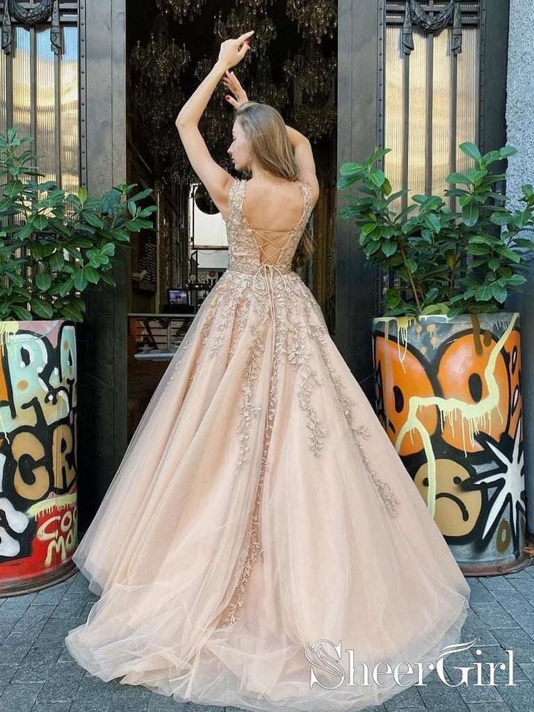 A-line Sweetheart Lace Unique Prom Dresses Champagne Long Formal Gowns –  SELINADRESS