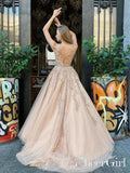 A Line Bateau Neckline Beadings Sash Prom Gown Champagne Appliqued Lace Up Back Prom Dress ARD2534-SheerGirl