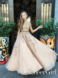 A Line Bateau Neckline Beadings Sash Prom Gown Champagne Appliqued Lace Up Back Prom Dress ARD2534-SheerGirl