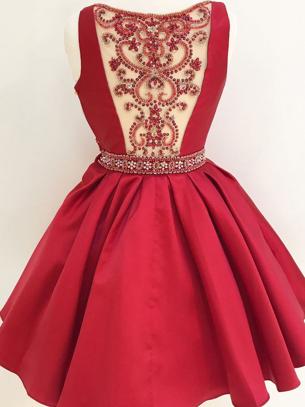 A Line Beaded Burgundy Homecoming Dresses for Junior Mini Skater Dress APD3480