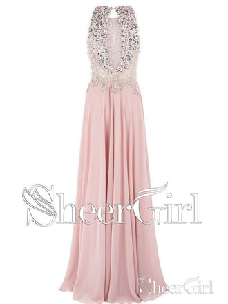 A Line Beaded Lace Long Pink Prom Dresses Open Back Plus Size Evening Dresses APD3335-SheerGirl