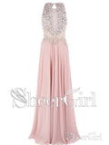 A Line Beaded Lace Long Pink Prom Dresses Open Back Plus Size Evening Dresses APD3335-SheerGirl